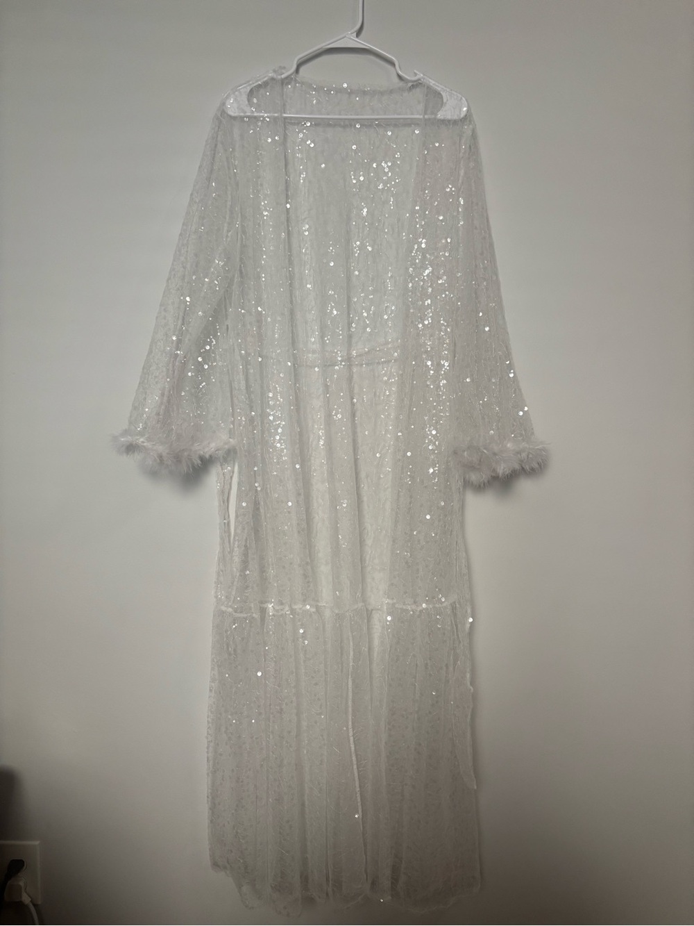 White Sequin Evening Robe with Feather Sleeve Trim